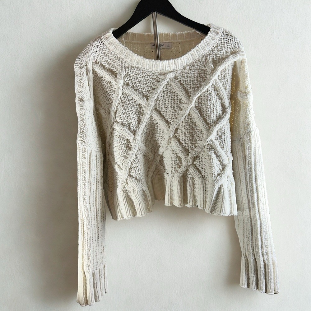 Arizona Jean Co Womens Cream Chenille Diamond Cable Knit Cropped Sweater Large